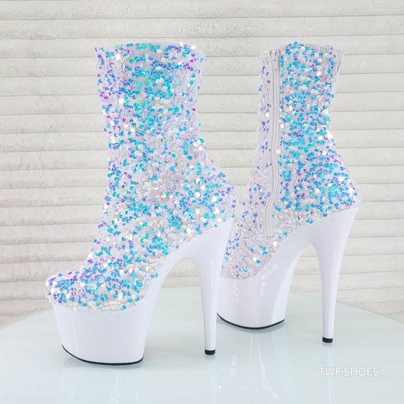 White Ice Multi Sequin Platform 7" Heels Ankle Boots Adore 1042